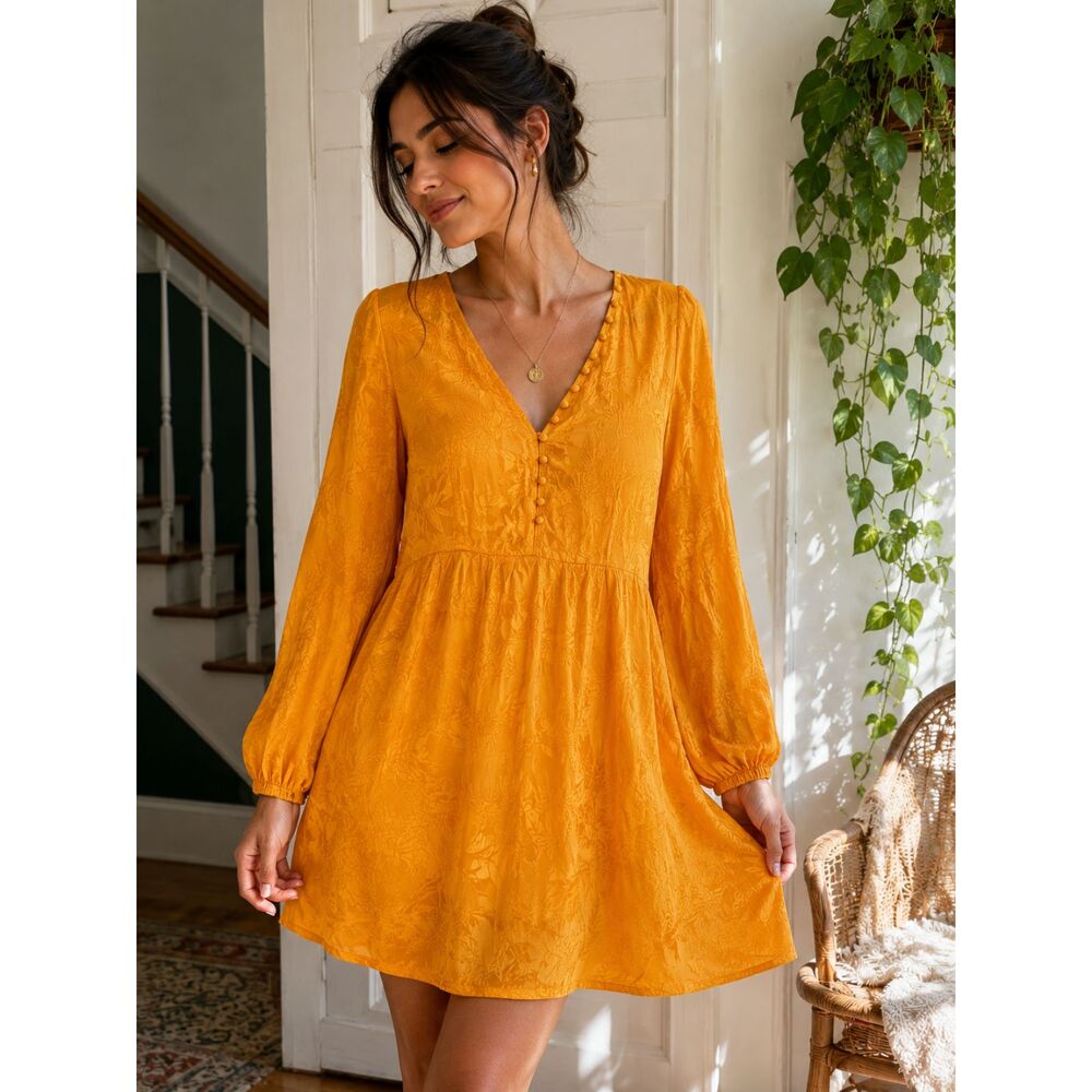 Mustard Yellow Jacquard Mini Dress Balloon Sleeve Button Front L Boho